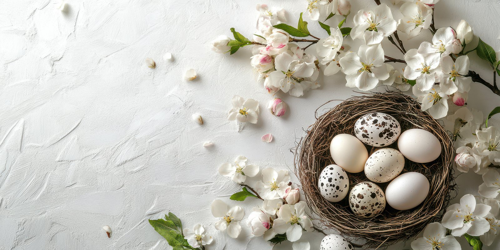 Springtime nest with decorative eggs and blooming flowers captures the essence of renewal and nature's beauty in a serene setting